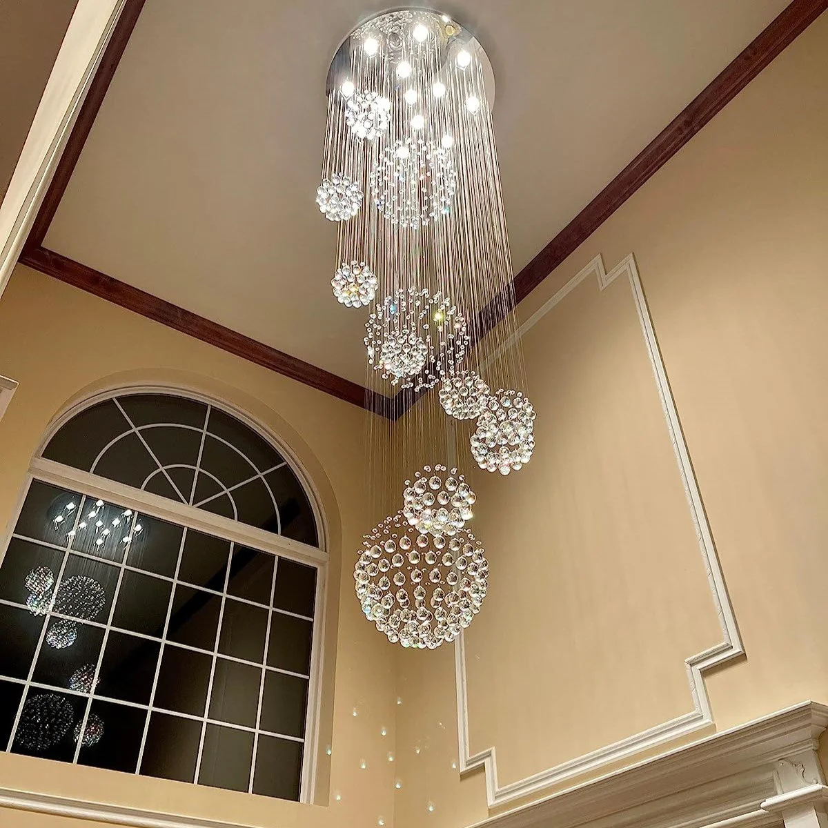 Stately Duplex Crystal Chandelier Spiral Raindrop Globe Shape Ceiling Hanging Light for Entryway/Staircase - Image 4