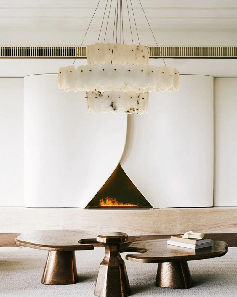 3-tiered stairwell chandeliers | irregular alabaster plate in disk ceiling with long cord - Image 2
