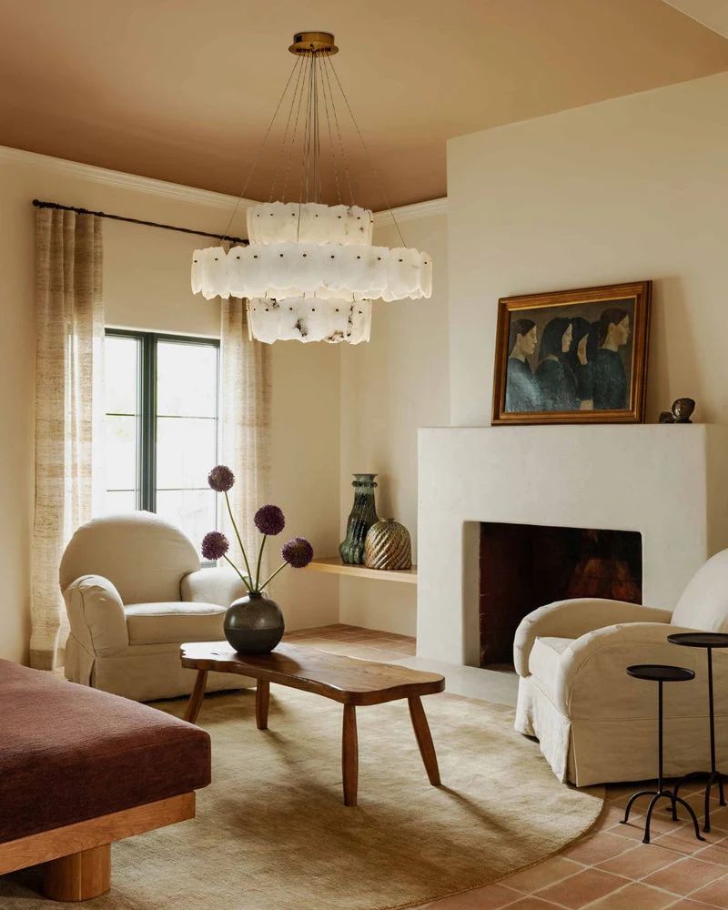 3-tiered stairwell chandeliers | irregular alabaster plate in disk ceiling with long cord - Image 4