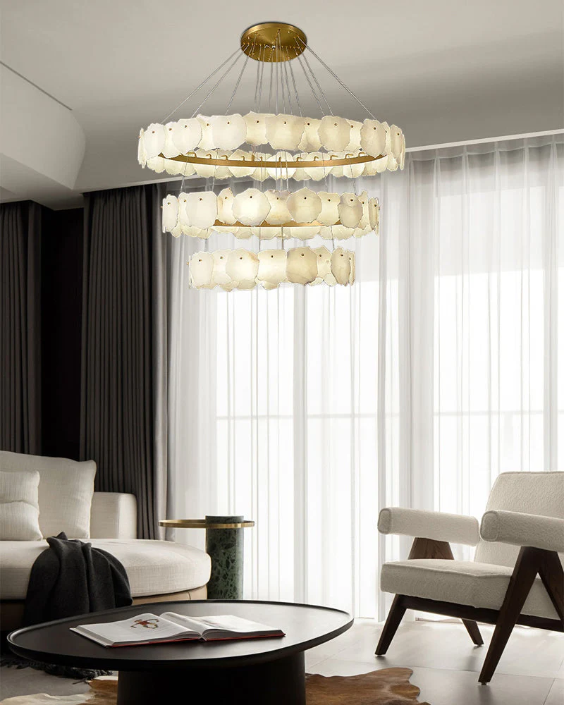 3-tiered stairwell chandeliers | irregular alabaster plate in disk ceiling with long cord - Image 7
