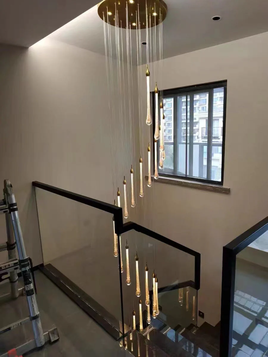 Foyer Glass Drops Pendant Chandelier Spiral Staircase High Ceiling Light Fixture In Gold Finish - Image 12