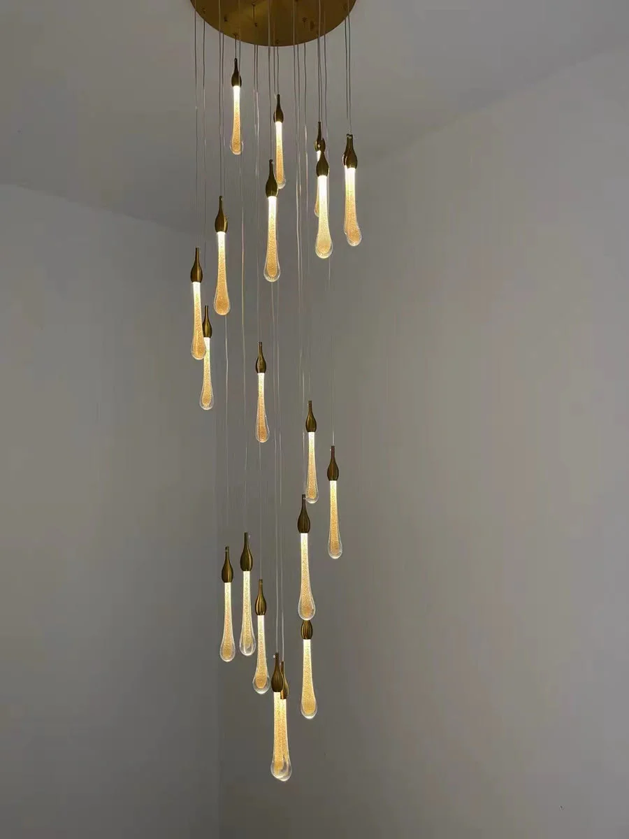 Foyer Glass Drops Pendant Chandelier Spiral Staircase High Ceiling Light Fixture In Gold Finish - Image 13