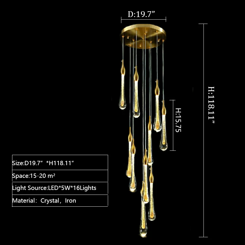Foyer Glass Drops Pendant Chandelier Spiral Staircase High Ceiling Light Fixture In Gold Finish - Image 17