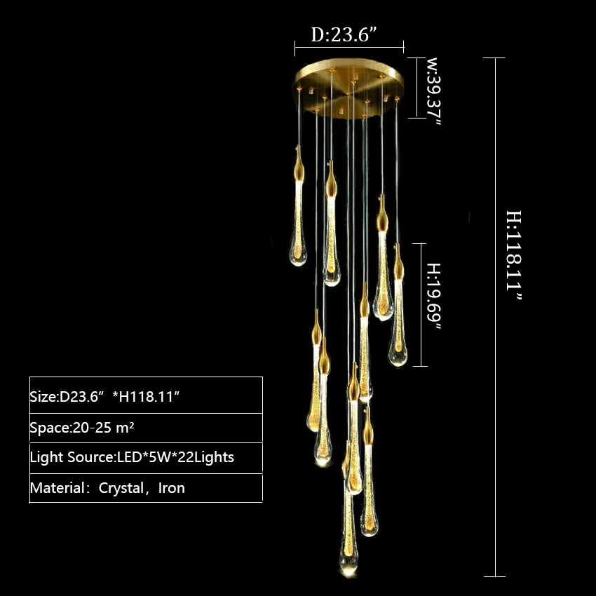 Foyer Glass Drops Pendant Chandelier Spiral Staircase High Ceiling Light Fixture In Gold Finish - Image 18