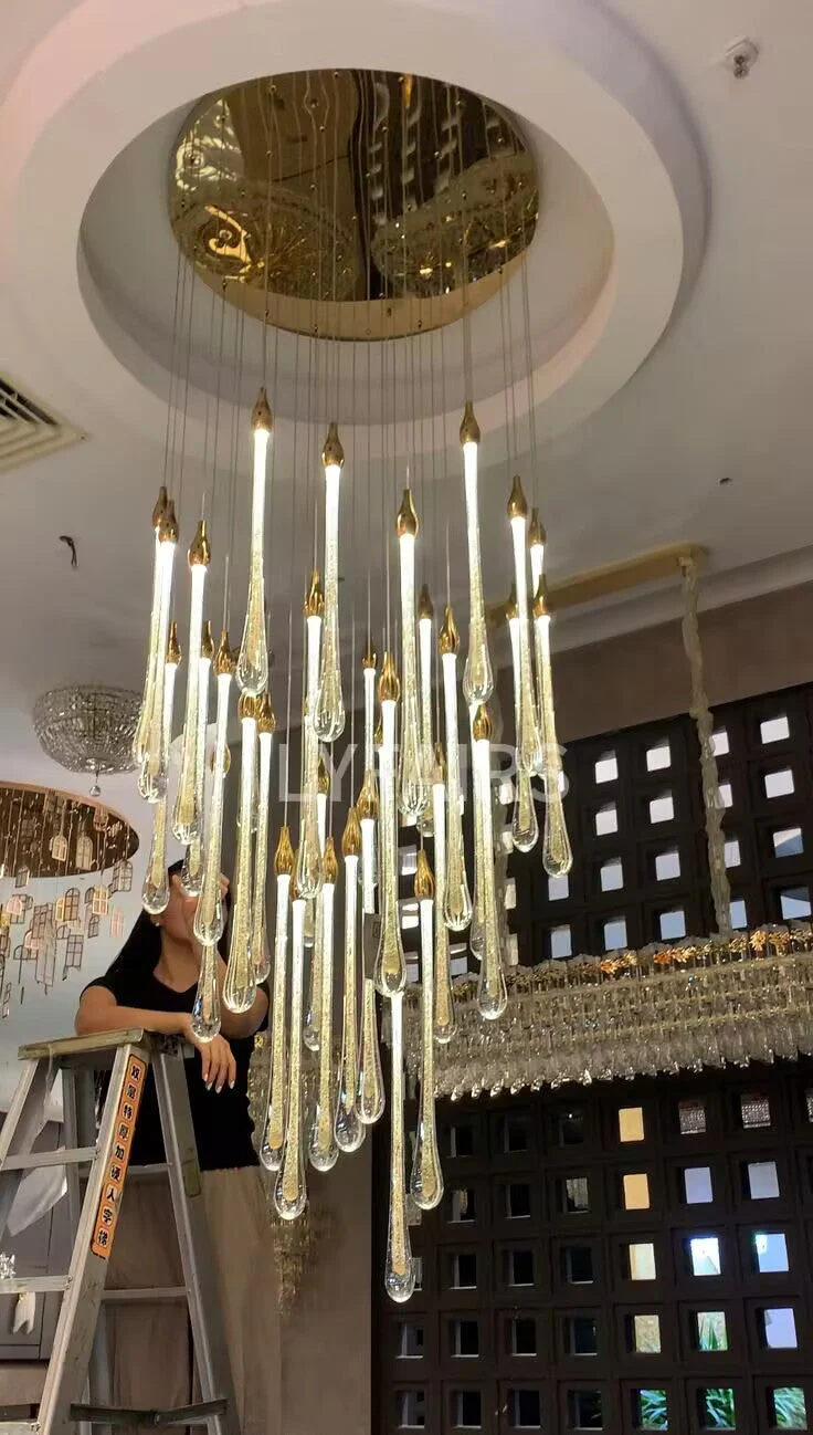 Foyer Glass Drops Pendant Chandelier Spiral Staircase High Ceiling Light Fixture In Gold Finish - Image 2