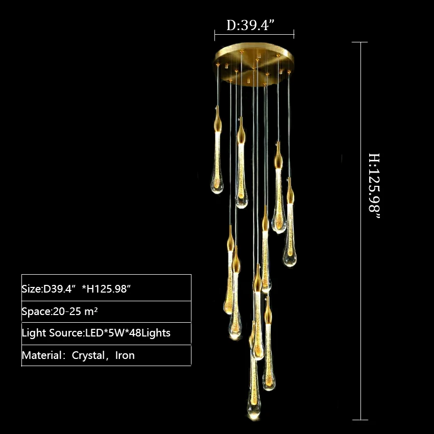 Foyer Glass Drops Pendant Chandelier Spiral Staircase High Ceiling Light Fixture In Gold Finish - Image 21