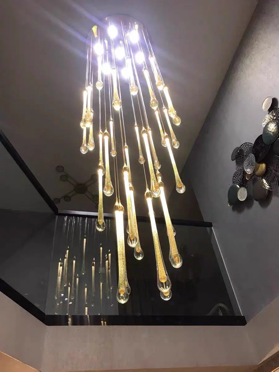 Foyer Glass Drops Pendant Chandelier Spiral Staircase High Ceiling Light Fixture In Gold Finish - Image 23