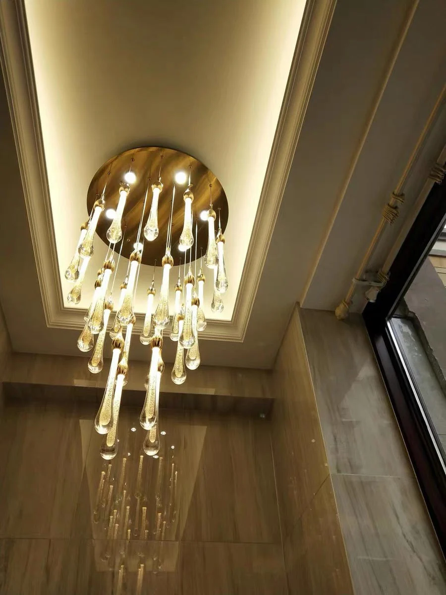 Foyer Glass Drops Pendant Chandelier Spiral Staircase High Ceiling Light Fixture In Gold Finish - Image 24