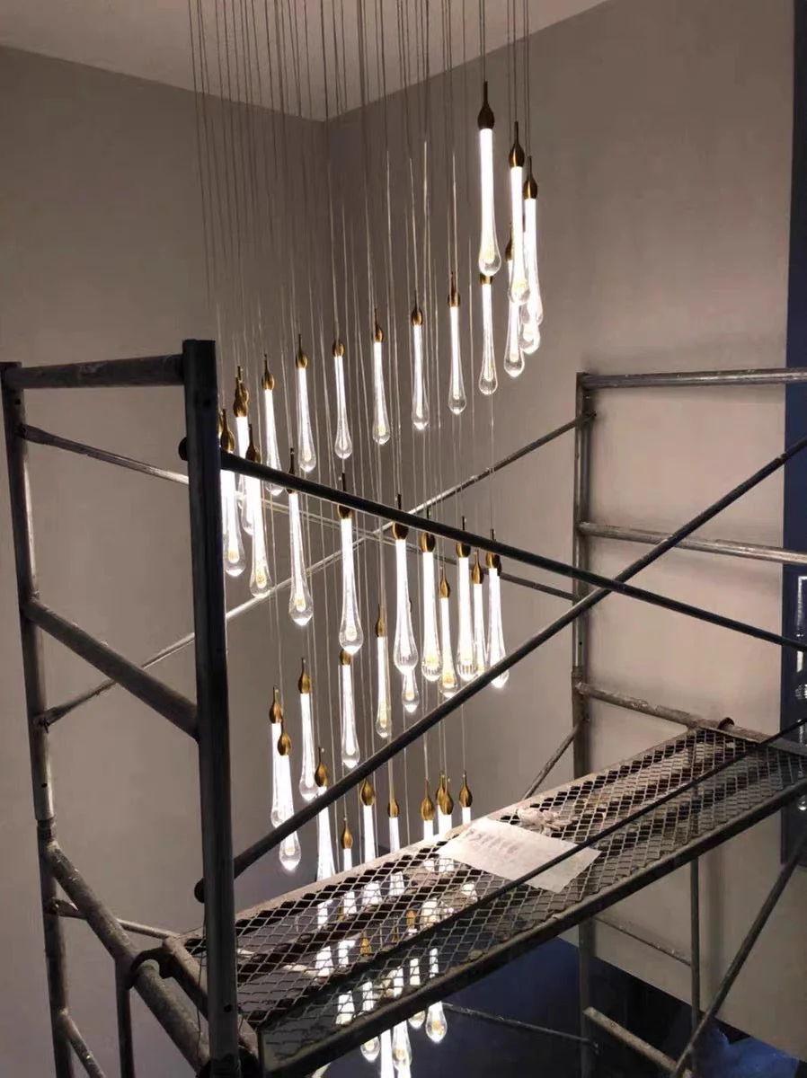 Foyer Glass Drops Pendant Chandelier Spiral Staircase High Ceiling Light Fixture In Gold Finish - Image 25
