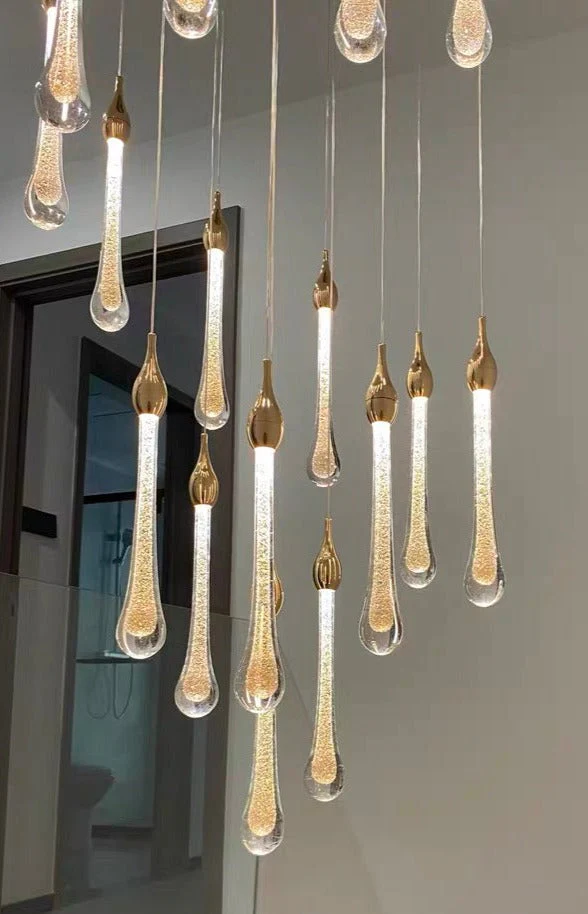 Foyer Glass Drops Pendant Chandelier Spiral Staircase High Ceiling Light Fixture In Gold Finish - Image 26