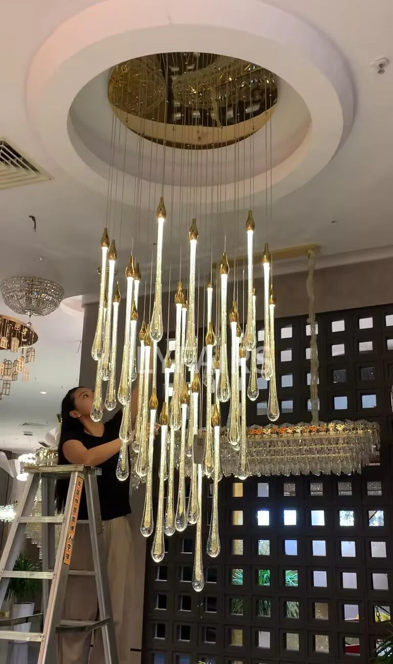 Foyer Glass Drops Pendant Chandelier Spiral Staircase High Ceiling Light Fixture In Gold Finish - Image 3