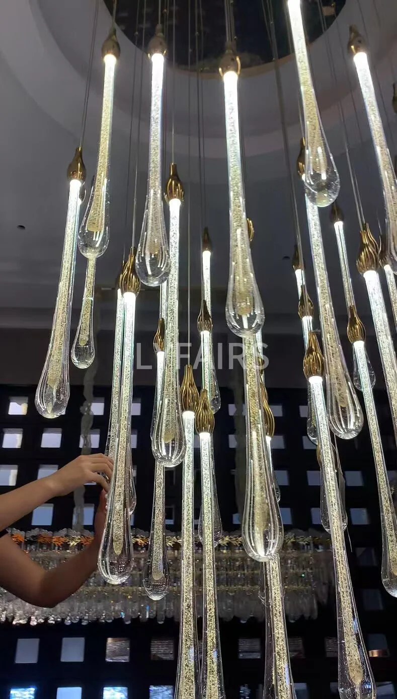 Foyer Glass Drops Pendant Chandelier Spiral Staircase High Ceiling Light Fixture In Gold Finish - Image 4
