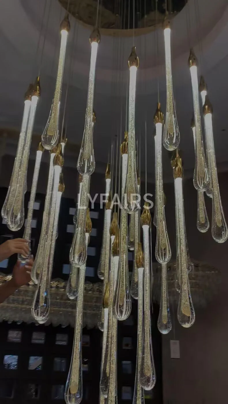 Foyer Glass Drops Pendant Chandelier Spiral Staircase High Ceiling Light Fixture In Gold Finish - Image 5