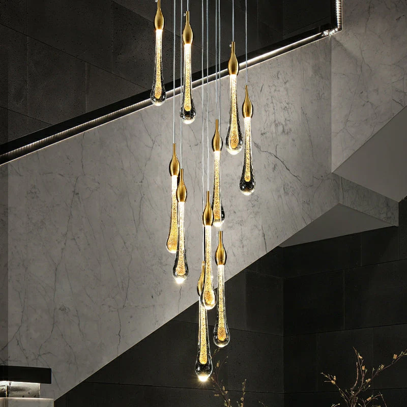 Foyer Glass Drops Pendant Chandelier Spiral Staircase High Ceiling Light Fixture In Gold Finish - Image 6