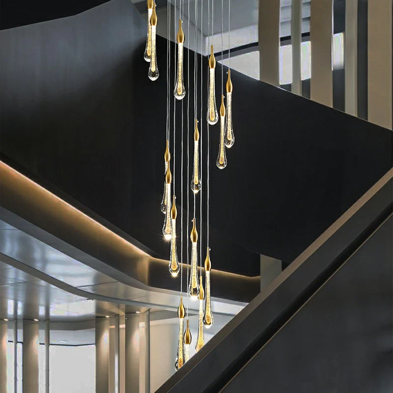 Foyer Glass Drops Pendant Chandelier Spiral Staircase High Ceiling Light Fixture In Gold Finish - Image 7