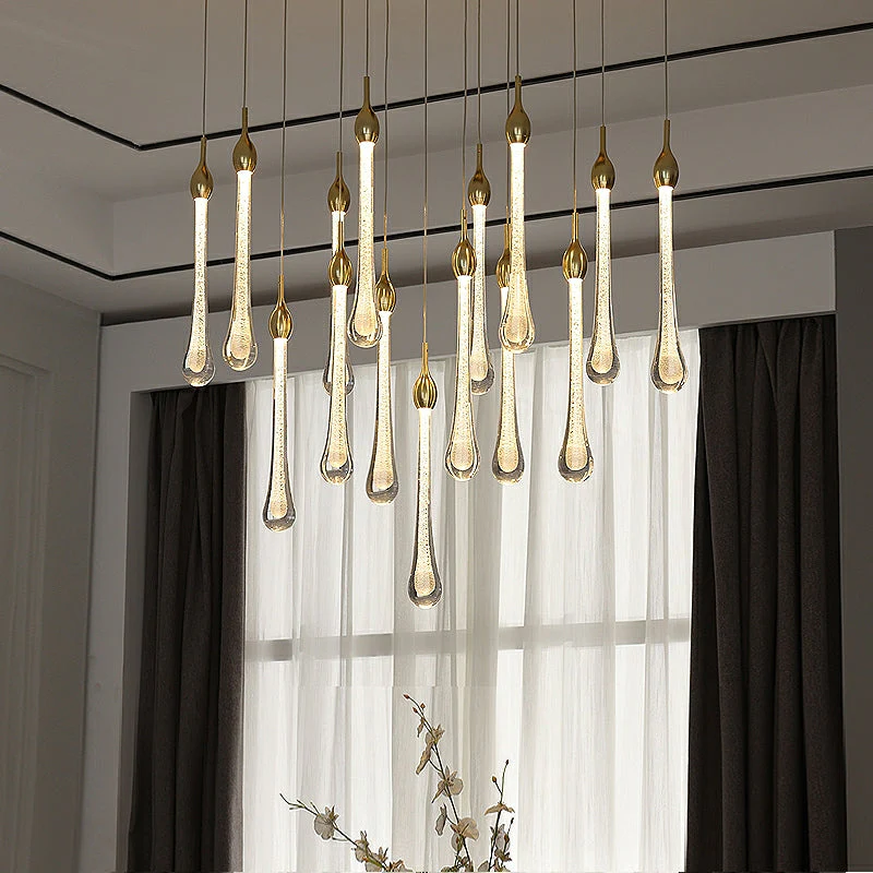 Foyer Glass Drops Pendant Chandelier Spiral Staircase High Ceiling Light Fixture In Gold Finish - Image 8