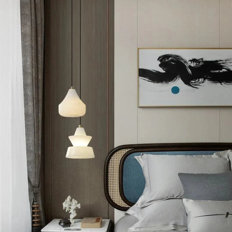 Alabaster Hat Pendant Light Over Nightstand - Image 6
