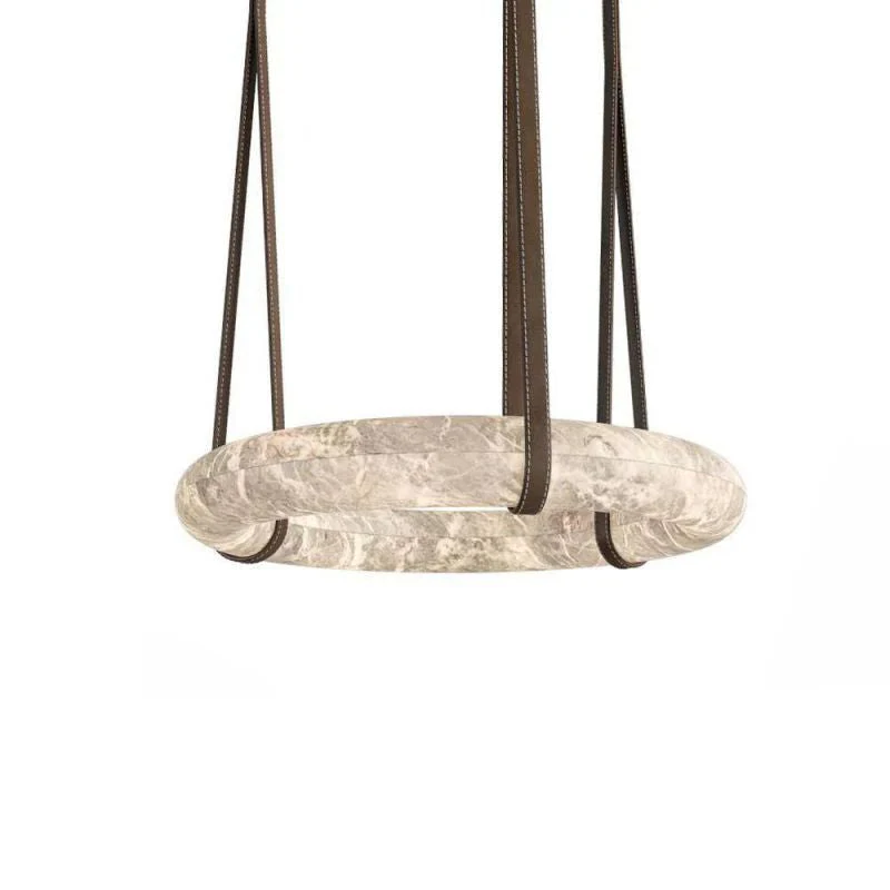 Olsa Alabaster Ring Round Pendant Chandelier, Modern Leather Strip Chandelier - Image 5