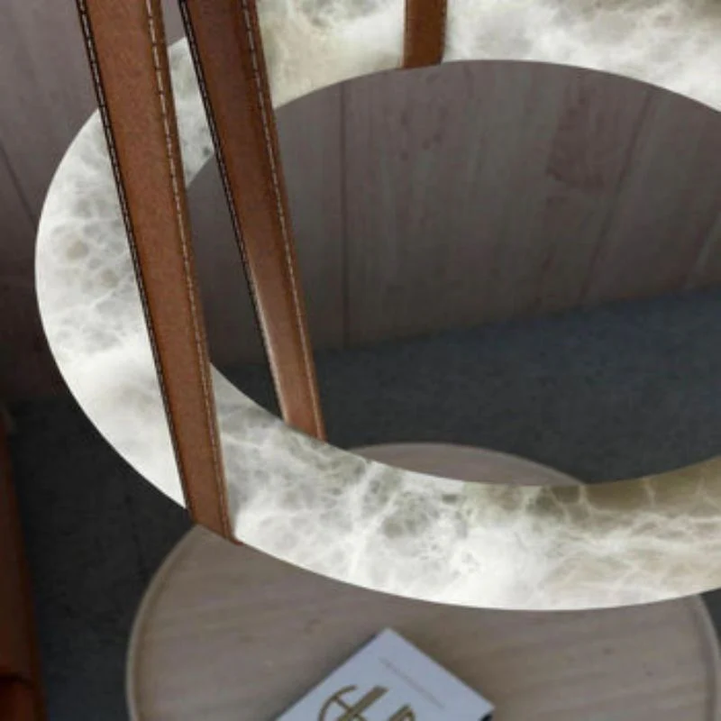 Olsa Alabaster Ring Round Pendant Chandelier, Modern Leather Strip Chandelier - Image 7