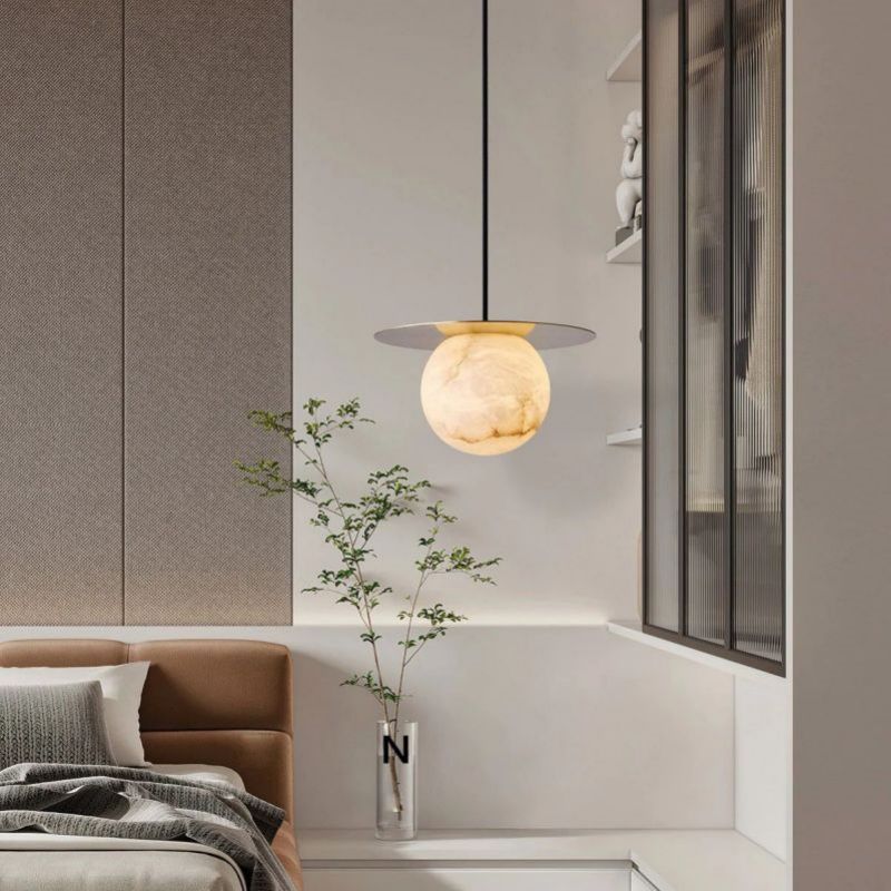 Alabaster Sphere Pendant Light Above Bed - Image 2