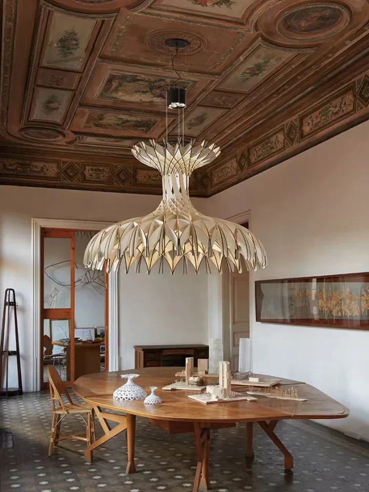 Art Oriental Tone Hand-made Wood Dome Pendant Chandelier for Living/Dining Room - Image 4