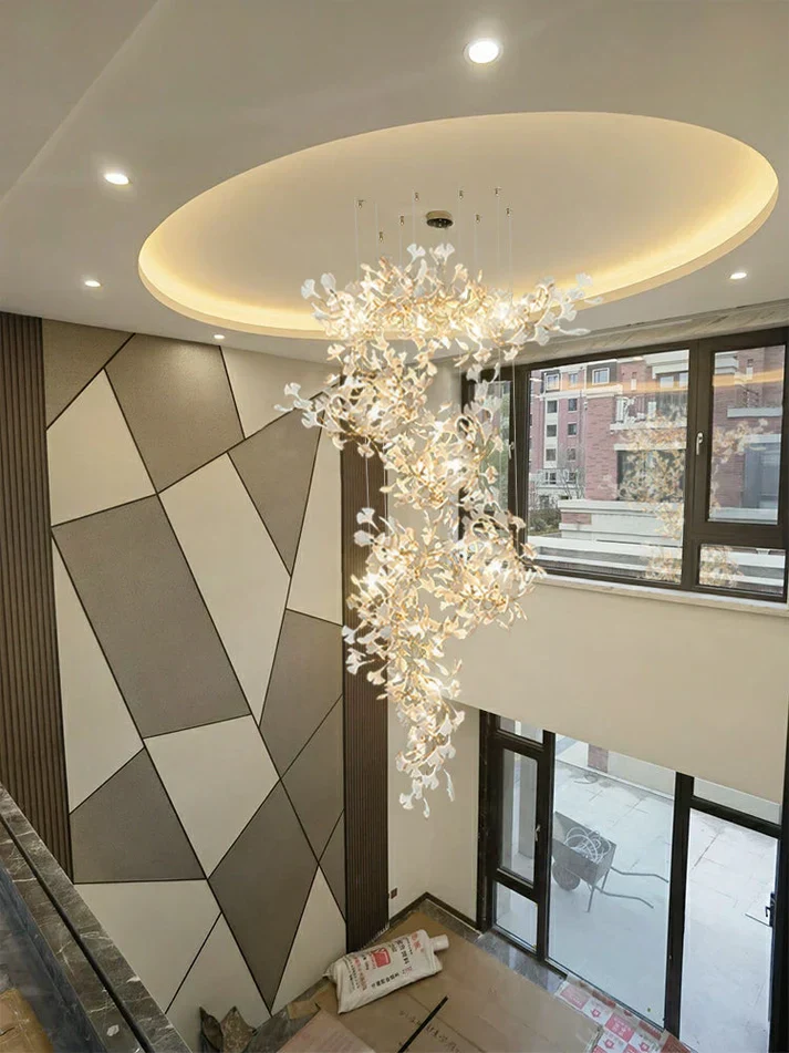 Artistic Tree Branch Pendant Light with Ceramic Ginkgo Leaves - Image 2
