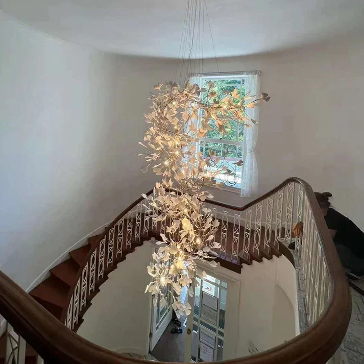 Artistic Tree Branch Pendant Light with Ceramic Ginkgo Leaves - Image 3