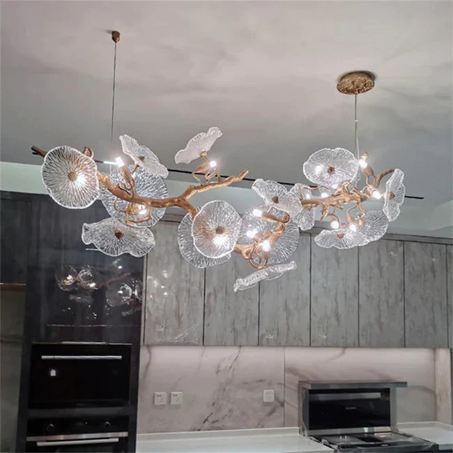 Aruna Modern Leaf Glass Flower Linear Branch Chandelier, Island Chandelier - Image 2