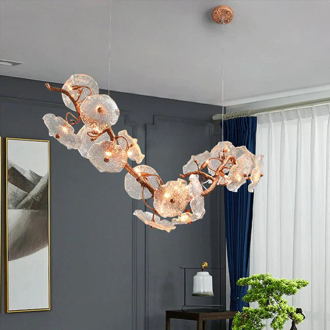 Aruna Modern Leaf Glass Flower Linear Branch Chandelier, Island Chandelier - Image 4