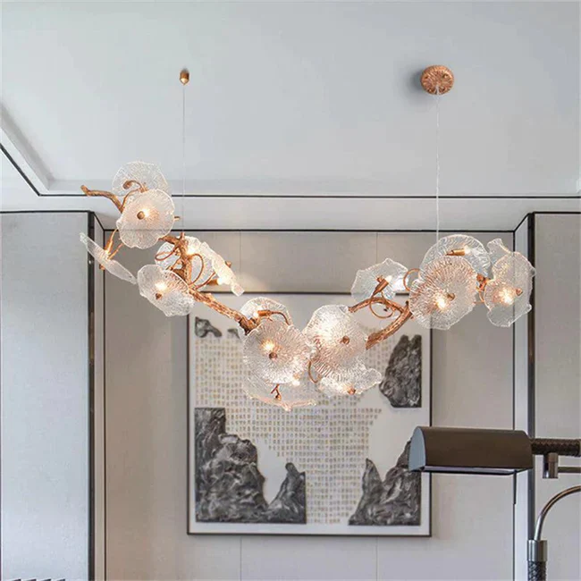 Aruna Modern Leaf Glass Flower Linear Branch Chandelier, Island Chandelier - Image 6