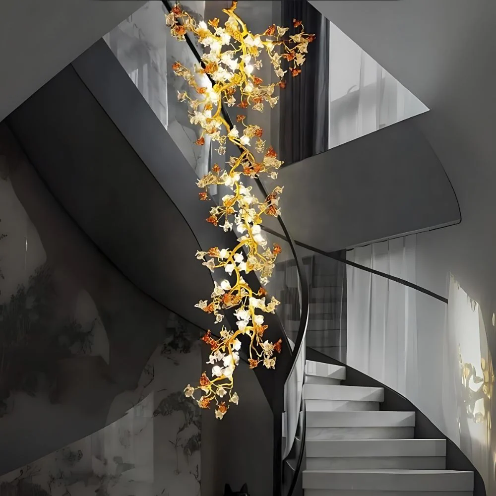 Verdant Branch Copper Vine Glass Flower Stairwell Chandelier
