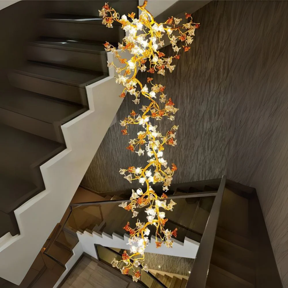 Verdant Branch Copper Vine Glass Flower Stairwell Chandelier - Image 2