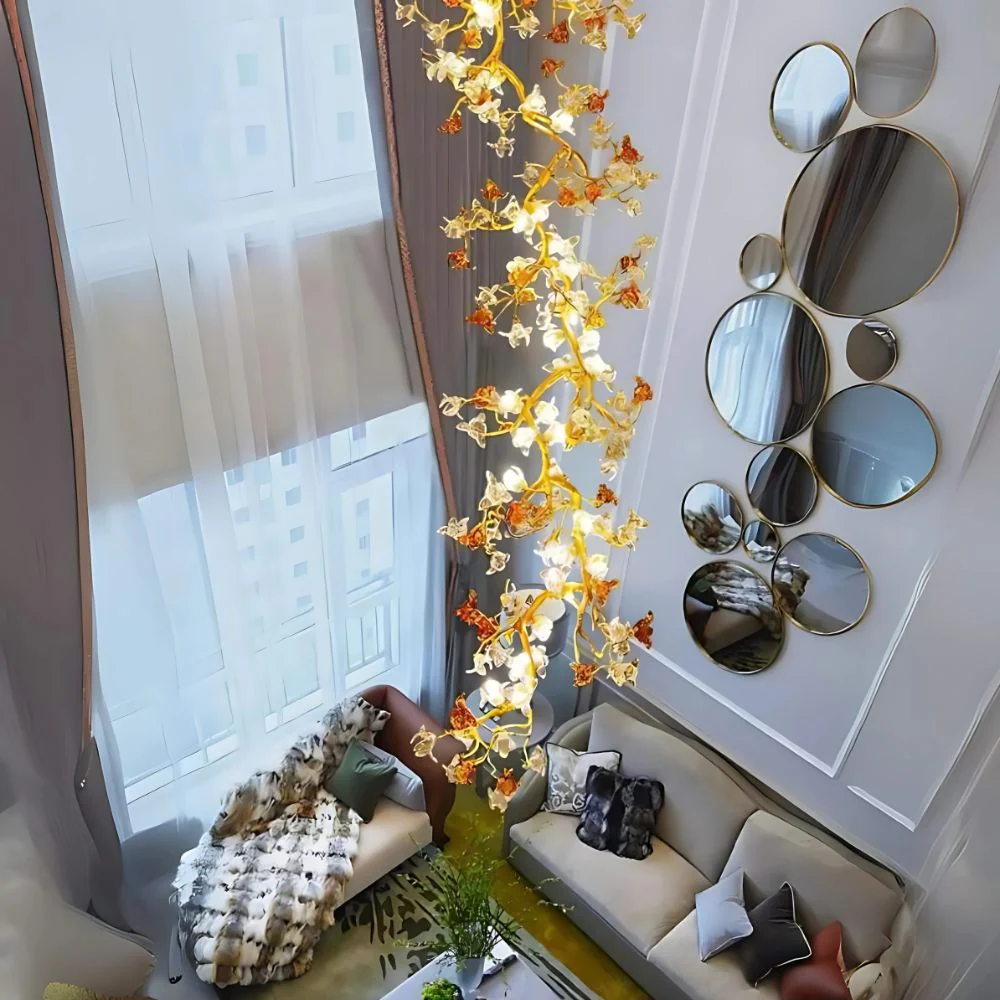 Verdant Branch Copper Vine Glass Flower Stairwell Chandelier - Image 4
