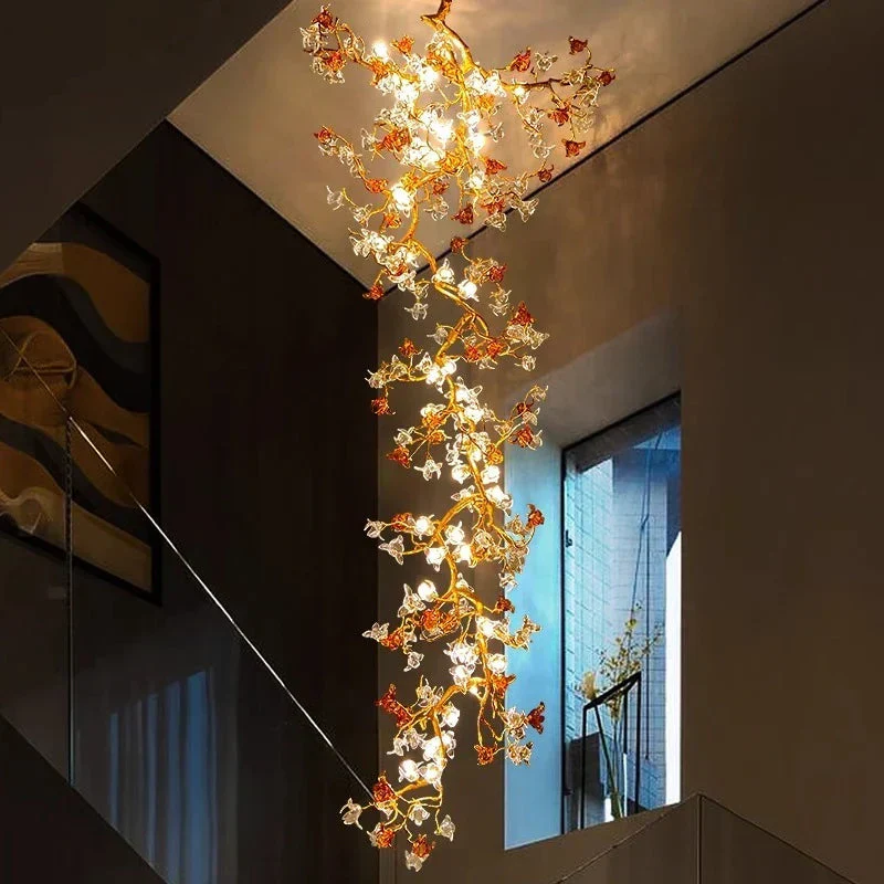 Verdant Branch Copper Vine Glass Flower Stairwell Chandelier - Image 5
