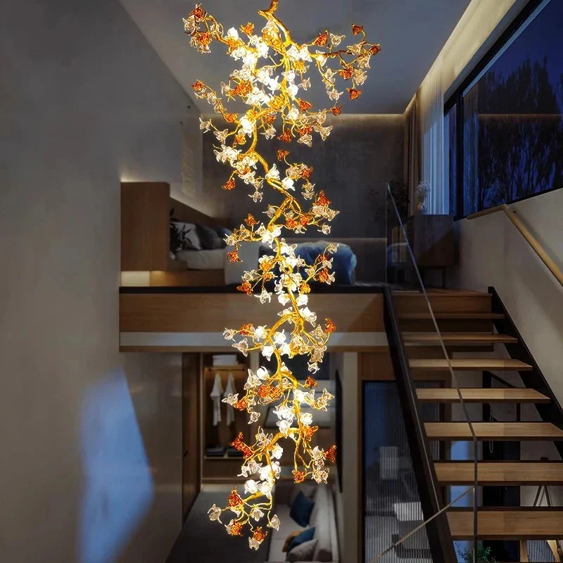 Verdant Branch Copper Vine Glass Flower Stairwell Chandelier - Image 8