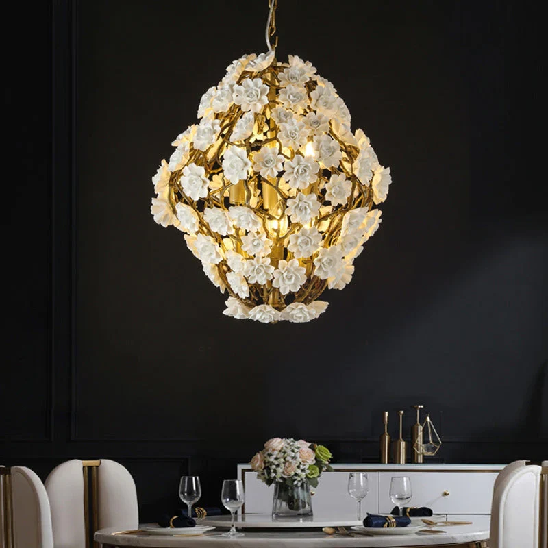 Brass and Ceramic Flower Art Chandelier Post Modern Light Luxury Style for Living and Dining Areas - Image 10