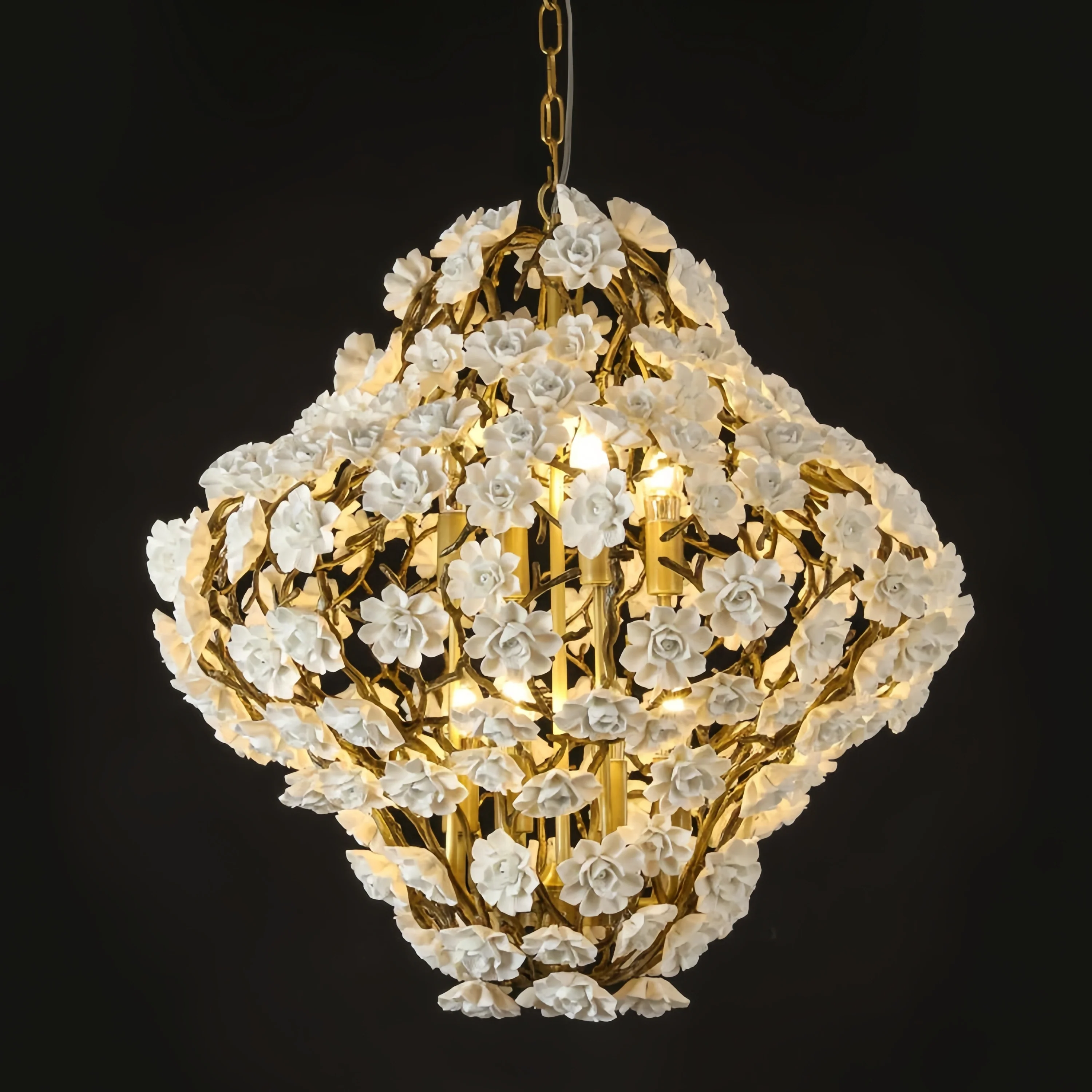 Brass and Ceramic Flower Art Chandelier Post Modern Light Luxury Style for Living and Dining Areas - Image 2