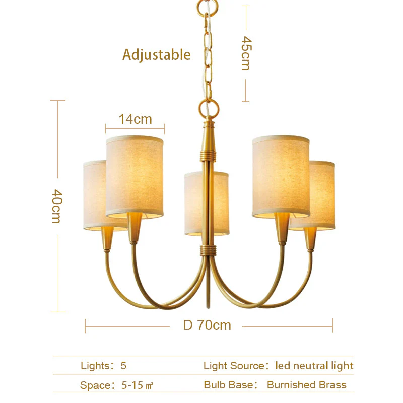 Brass Chandelier|Mid Century Ceiling Fixtures Light|Fabric Shades Adjustable Chain Pendant - Image 3