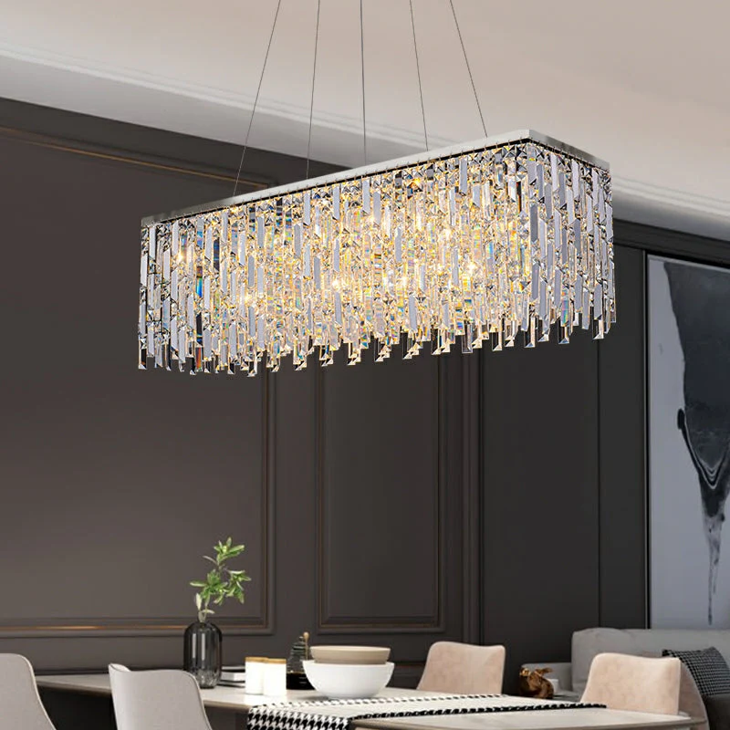 Chrome/ Silver Decorative Kitchen Island Lighting Crystal Rectangle Chandelier For Long Dining Table Round Pendant Light Fixture For Living Room - Image 5