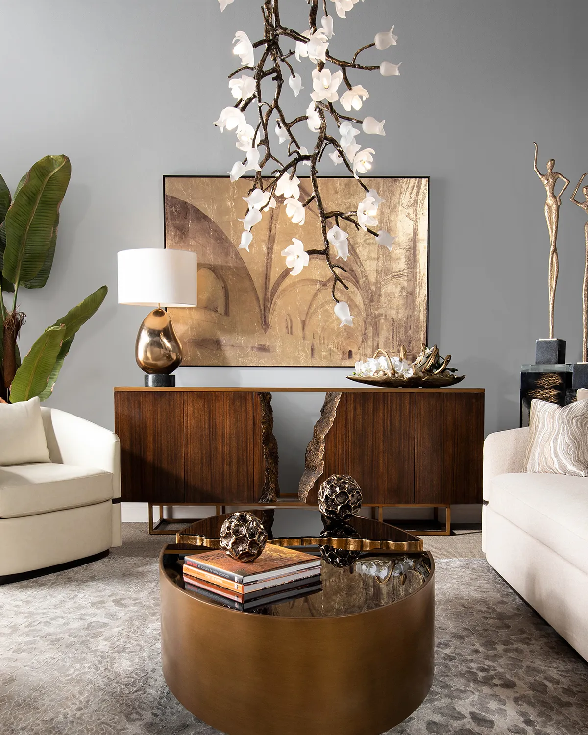 Churippu Branch Magnolia & Tulip Glass Bronze Vertical Twenty-One Light Chandelier - Image 2
