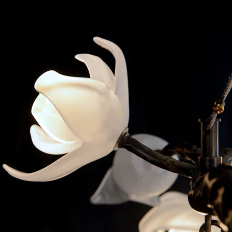 Churippu Branch Magnolia & Tulip Glass Bronze Vertical Twenty-One Light Chandelier - Image 6