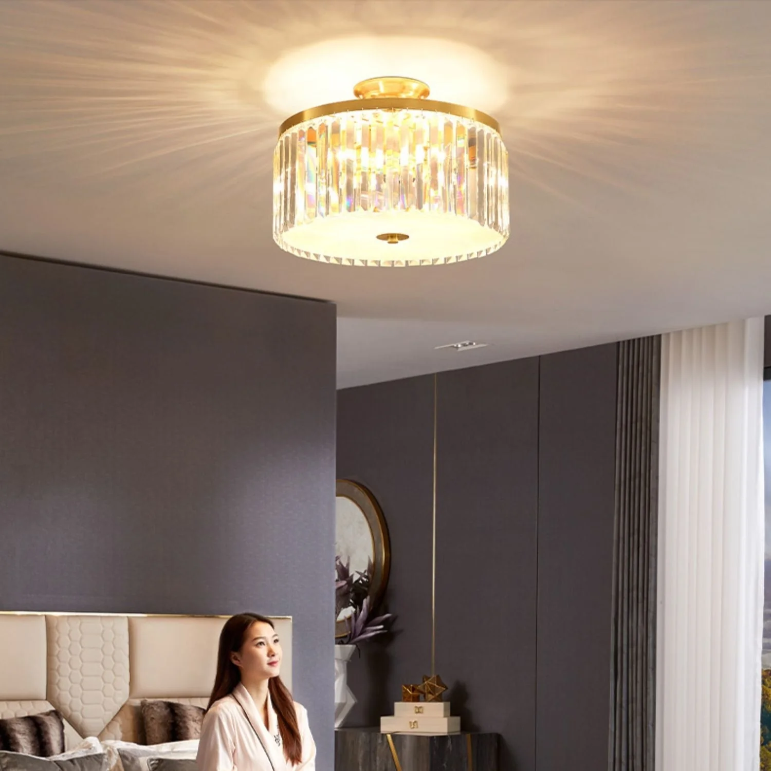 D16" LED Decorative Round Ceiling Lighting Fixture Mini Living/ Bedroom Gold Flush Mount Crystal Chandelier - Image 2