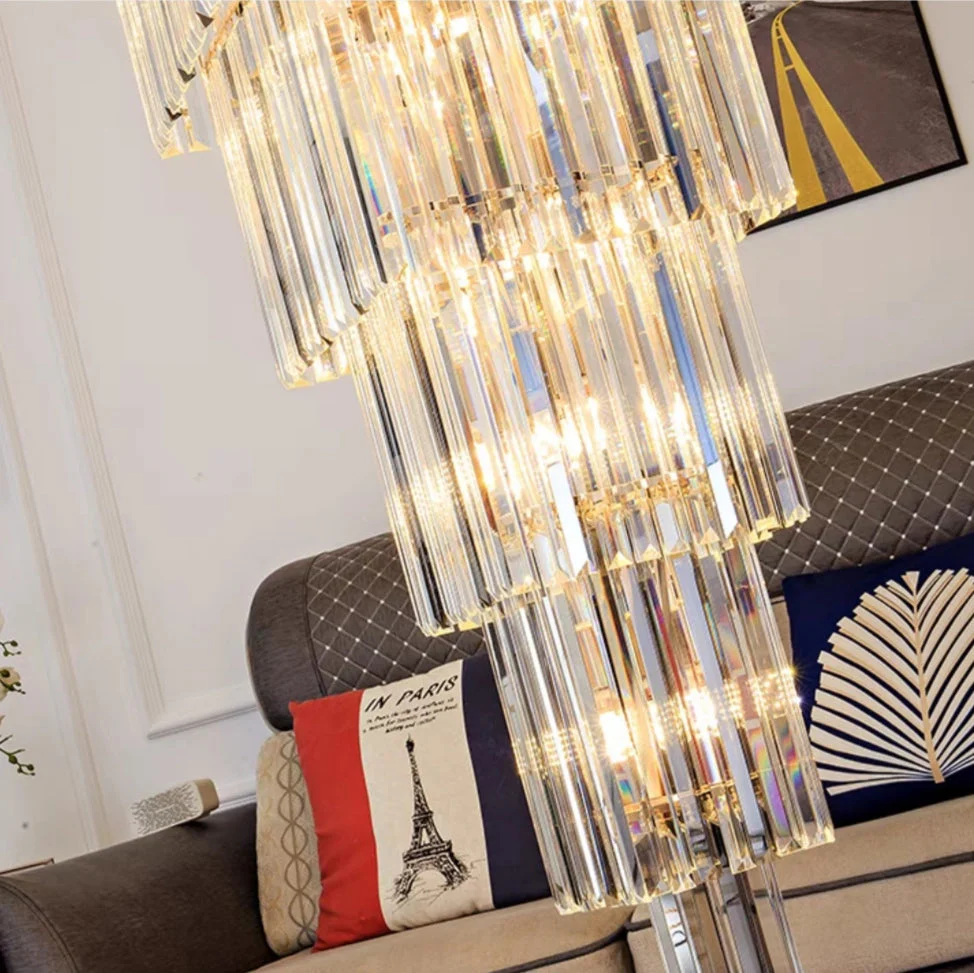 Decorative Large Vertical Crystal Staircase Chandelier Foyer Ceiling Light Fixture Lamp In Gray/ Amber Brim - Image 10