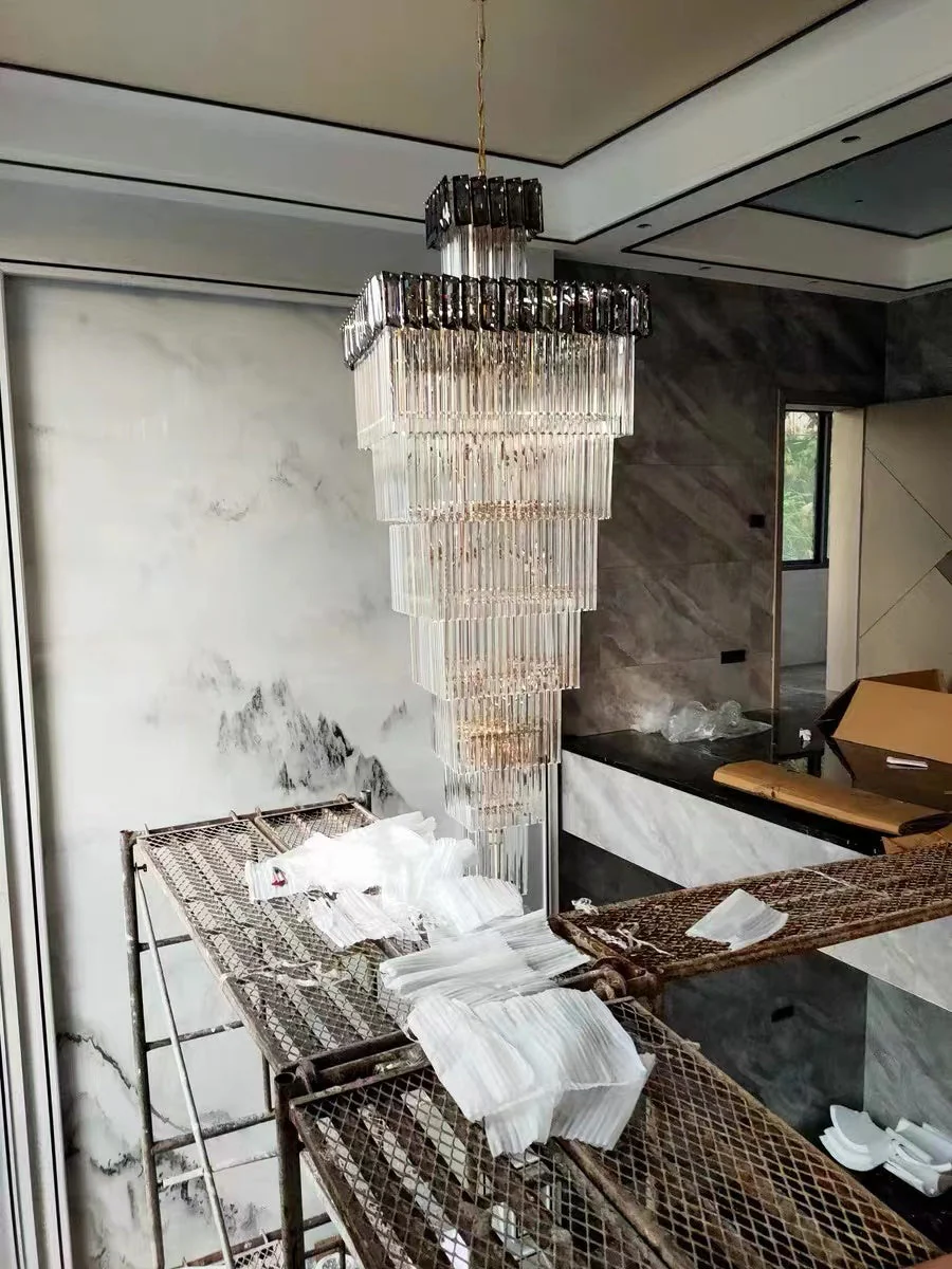 Decorative Large Vertical Crystal Staircase Chandelier Foyer Ceiling Light Fixture Lamp In Gray/ Amber Brim - Image 13