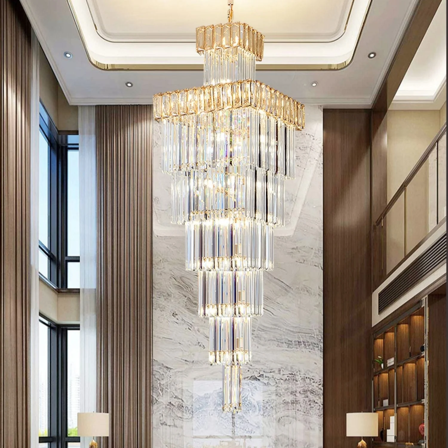 Decorative Large Vertical Crystal Staircase Chandelier Foyer Ceiling Light Fixture Lamp In Gray/ Amber Brim - Image 2