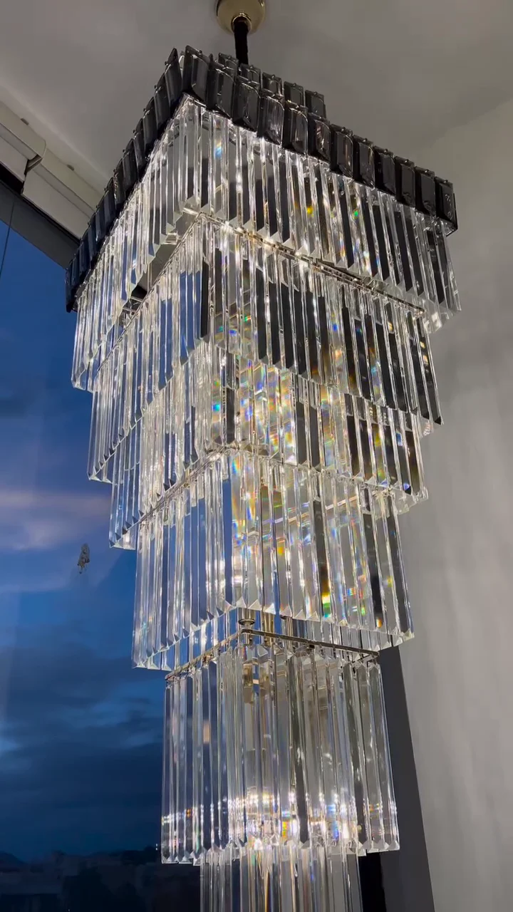 Decorative Large Vertical Crystal Staircase Chandelier Foyer Ceiling Light Fixture Lamp In Gray/ Amber Brim - Image 4