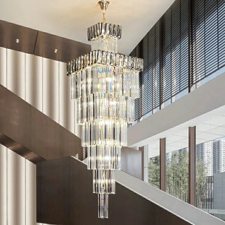 Decorative Large Vertical Crystal Staircase Chandelier Foyer Ceiling Light Fixture Lamp In Gray/ Amber Brim - Image 5