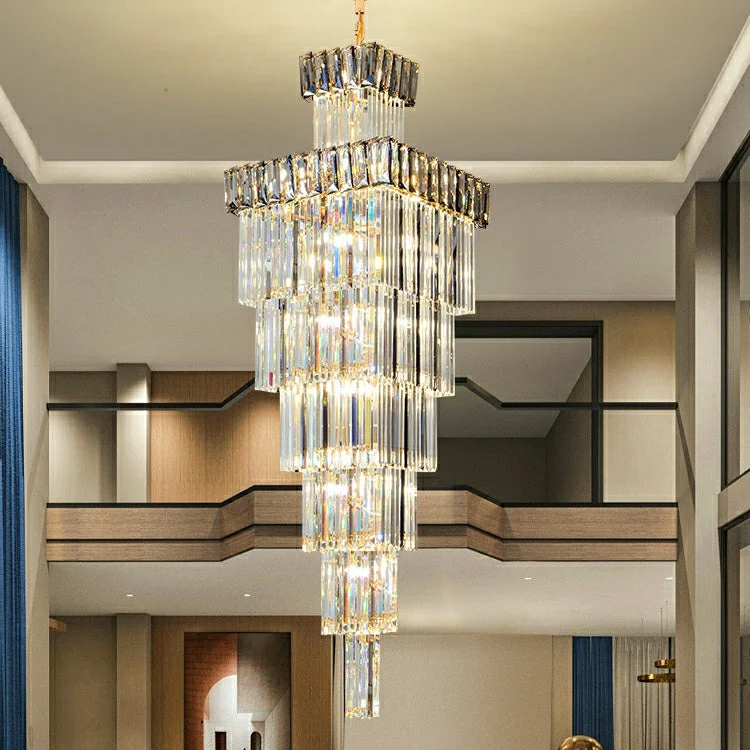 Decorative Large Vertical Crystal Staircase Chandelier Foyer Ceiling Light Fixture Lamp In Gray/ Amber Brim - Image 6