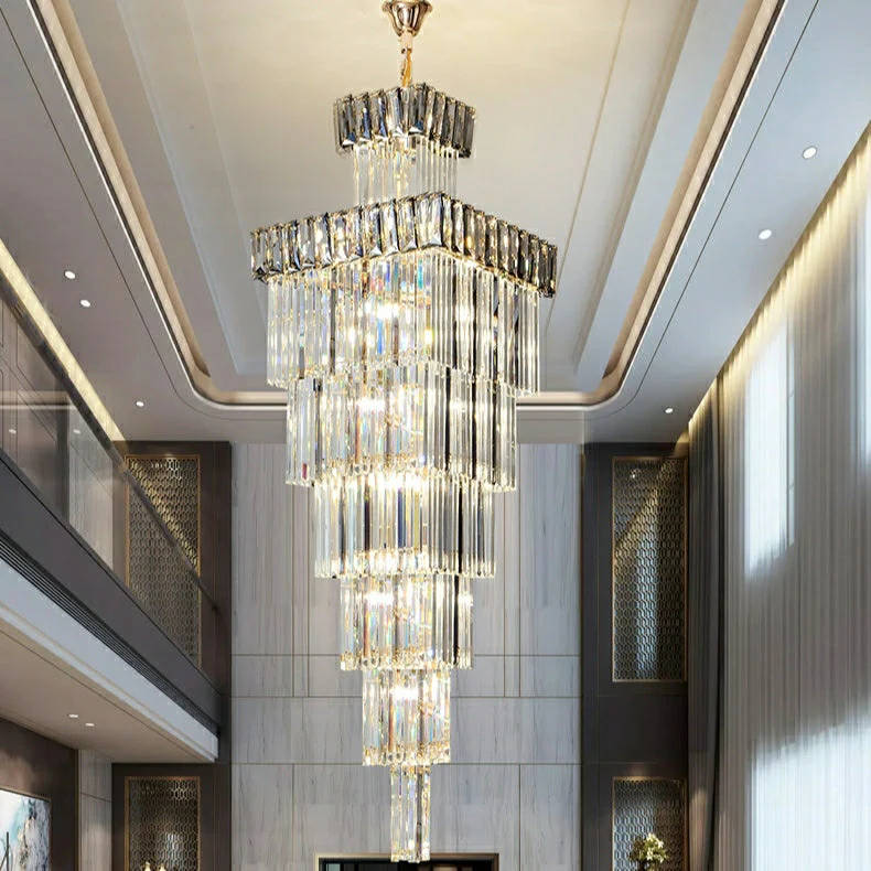 Decorative Large Vertical Crystal Staircase Chandelier Foyer Ceiling Light Fixture Lamp In Gray/ Amber Brim - Image 7