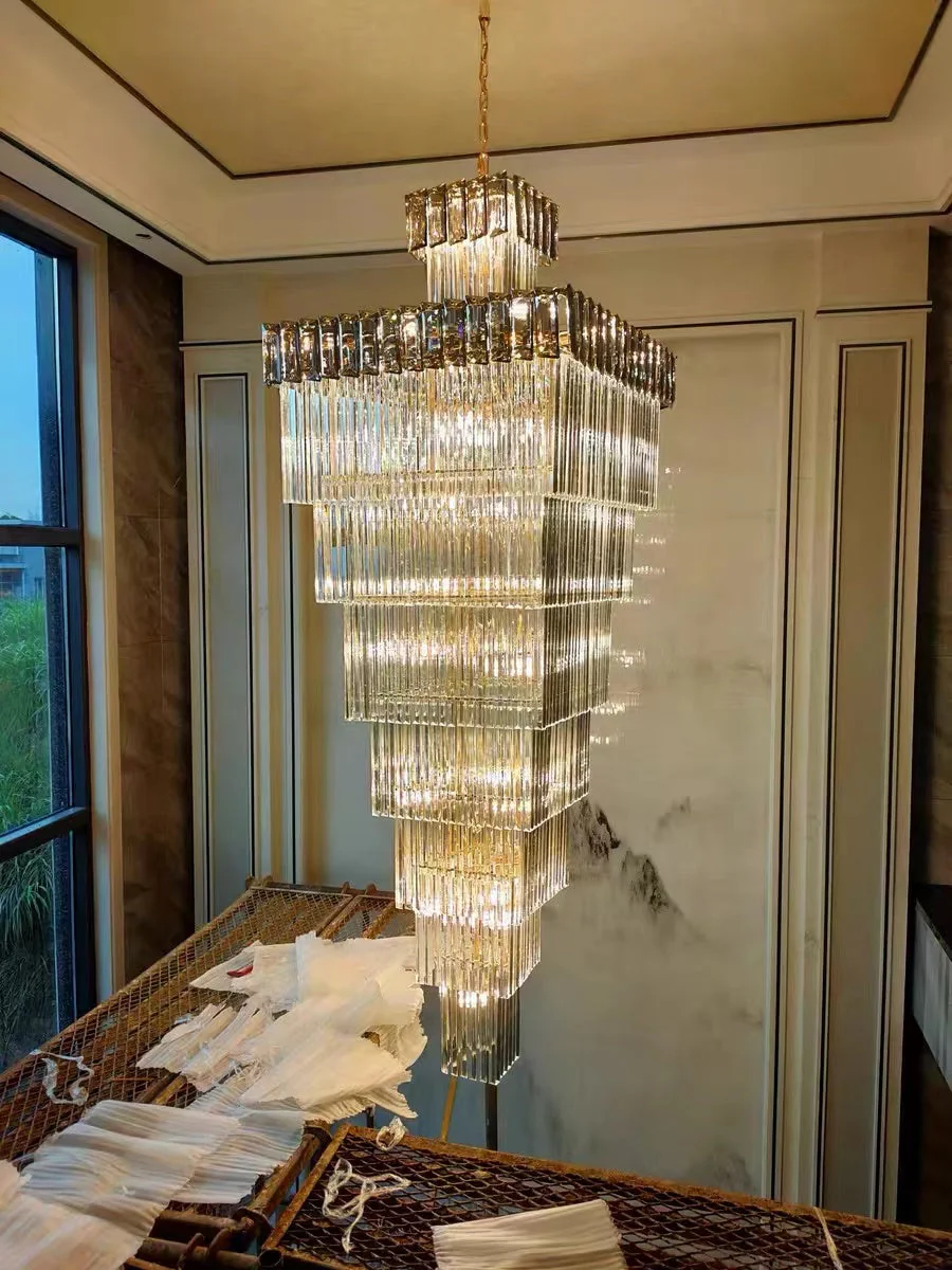 Decorative Large Vertical Crystal Staircase Chandelier Foyer Ceiling Light Fixture Lamp In Gray/ Amber Brim - Image 8